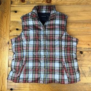 Lands End Puffer Vest Plaid Snap Up Pockets
